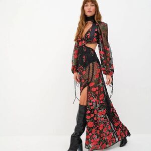 FOR LOVE & LEMONS Araceli Maxi Dress In Red Embroidered Floral NWT